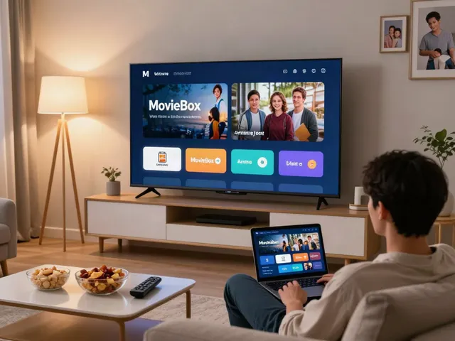 User relaxing at home watching the moviebox app on a smart TV in a cozy living room.