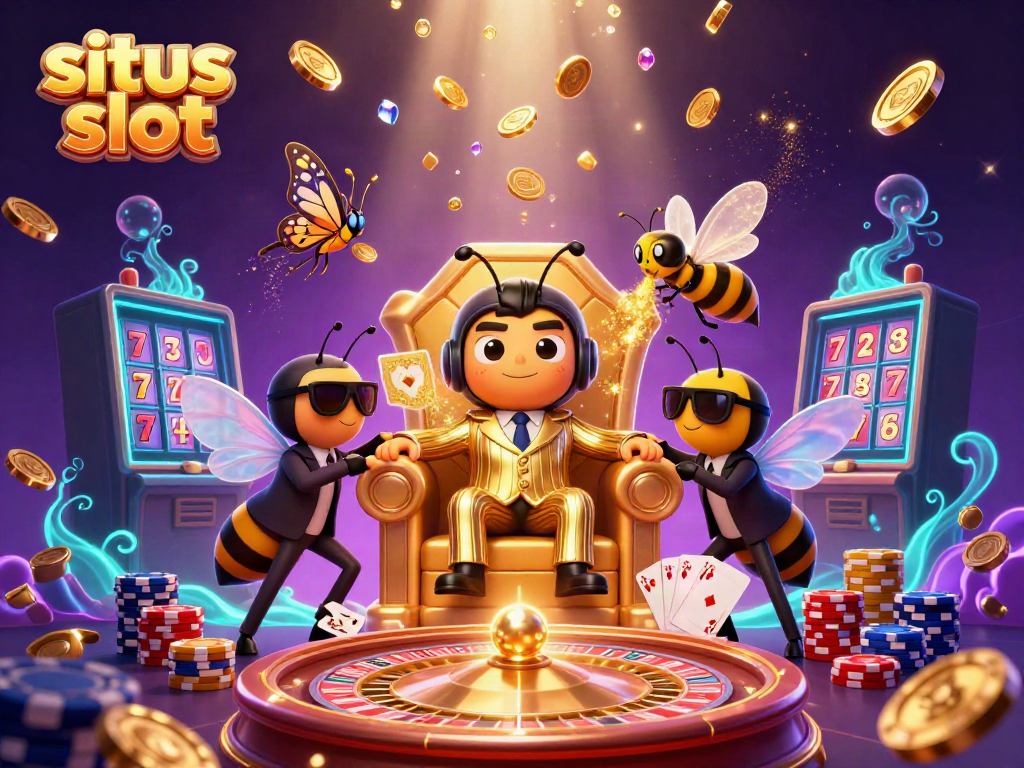 Experience the excitement of situs slot with a dynamic 3D bumblebee mob boss surrounded by dazzling casino elements.