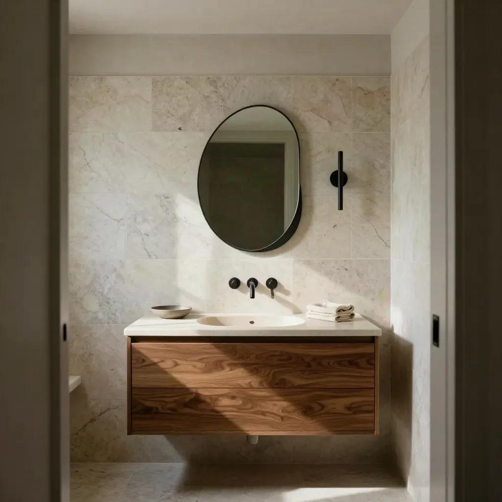 Floating walnut vanity in a compact powder room with travertine tile, charcoal mirror, and slim sconce.