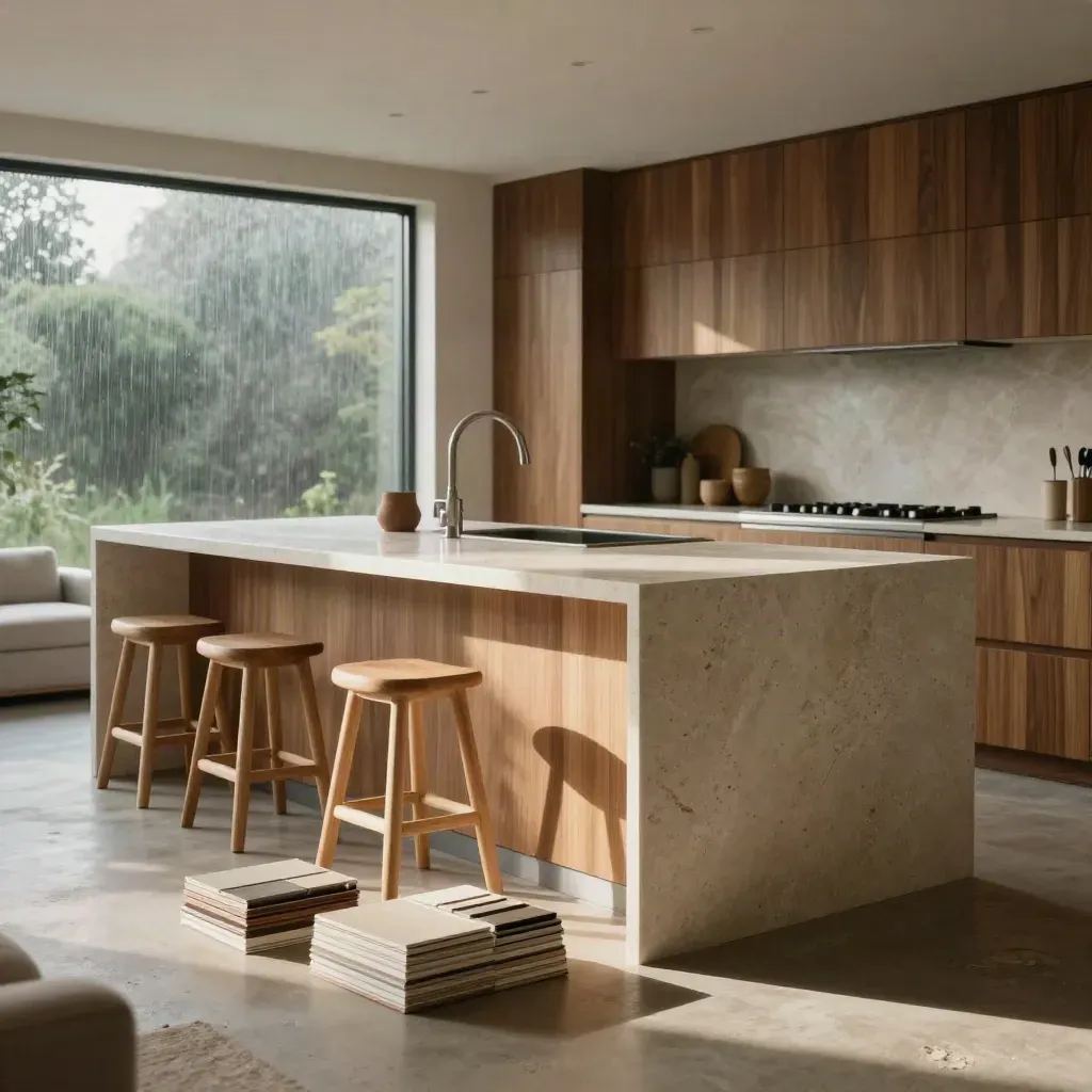 Moody open-plan kitchen with quartz island, walnut slat wall, and stone samples in rain light.