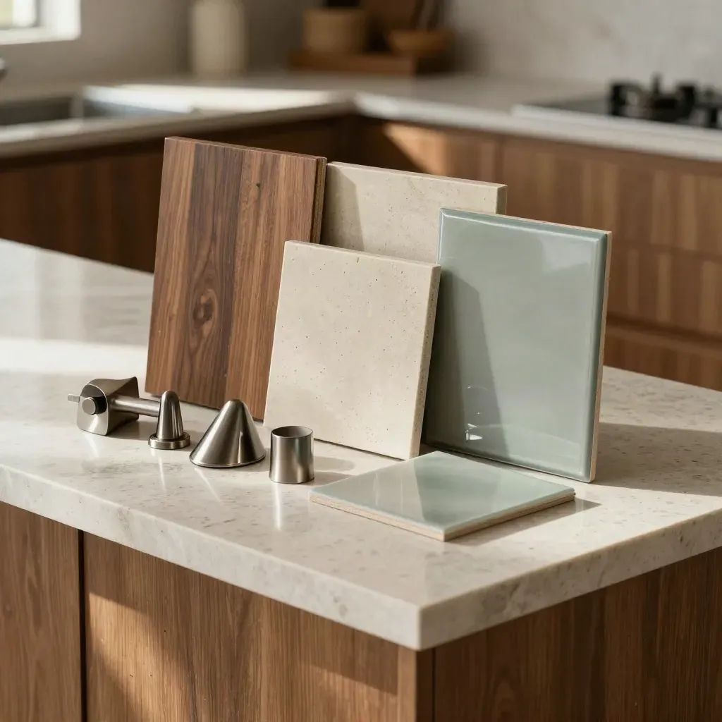 Kitchen finish samples land beside a travertine island, with warm cabinetry behind.