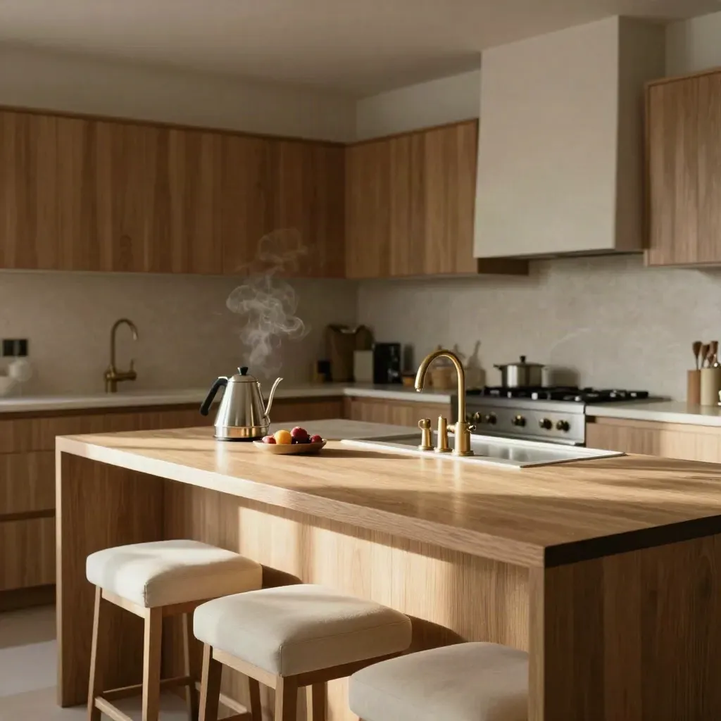 Bright warm kitchen with oak island, ivory stools, and morning steam in sunlight.