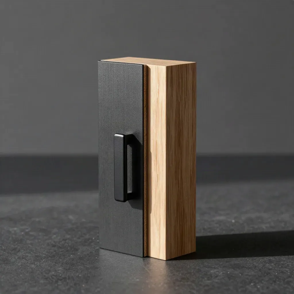 Millwork sample mockup with black pull and oak strip on a dark work surface