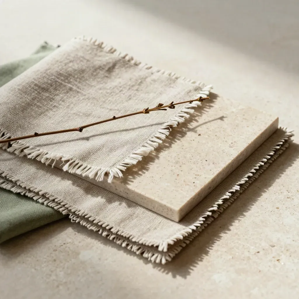 Close-up of linen, boucle and stone samples with a dried stem on a pale stone surface.