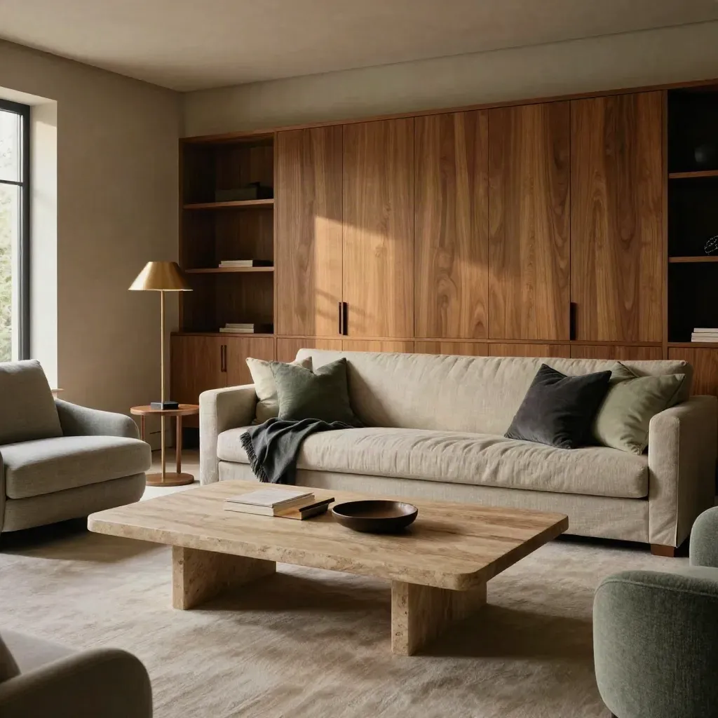 Moody show-suite living room with oak, stone, and sage furnishings in dusk light.