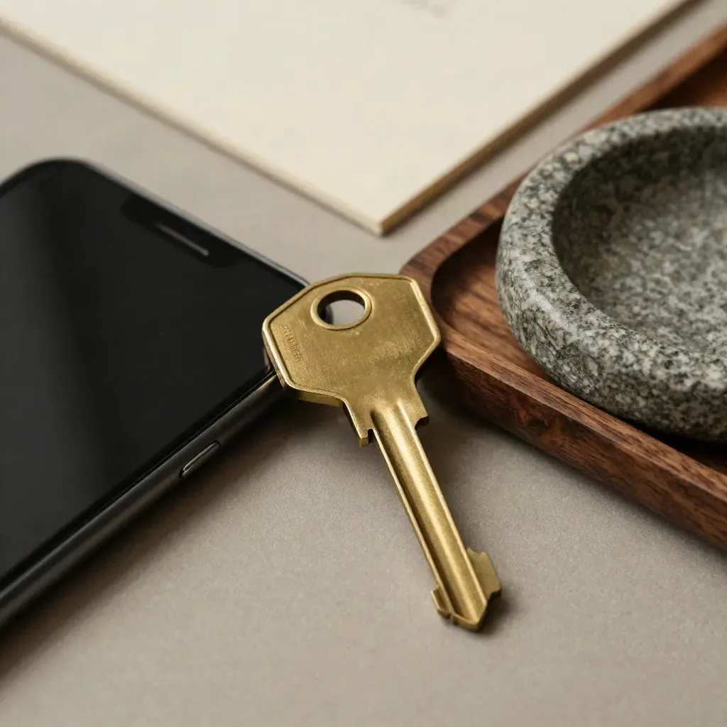 Brass key, face-down phone, and stone catchall on a warm neutral desk, overhead still life.