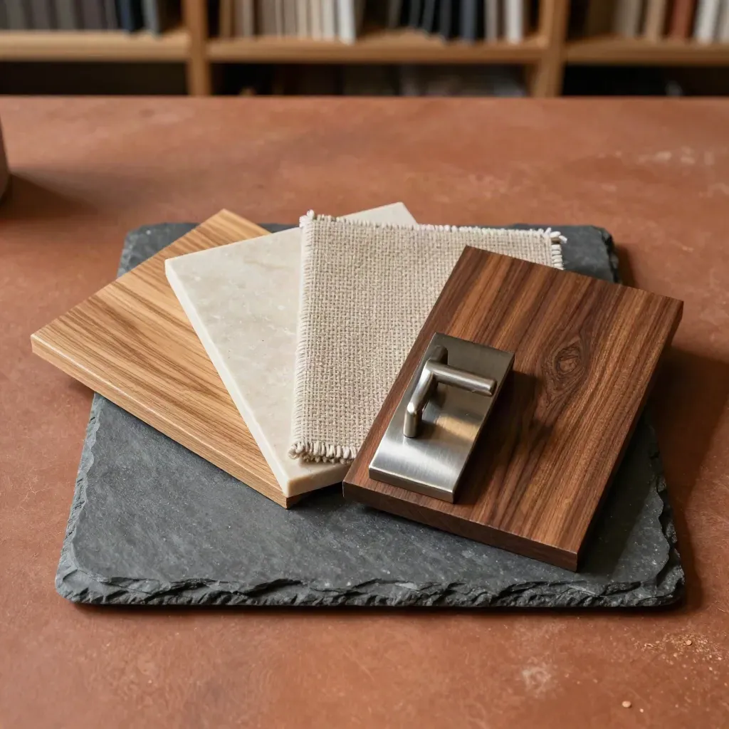 Top-down slate tray with oak, stone, fabric, and hardware samples in a design studio.