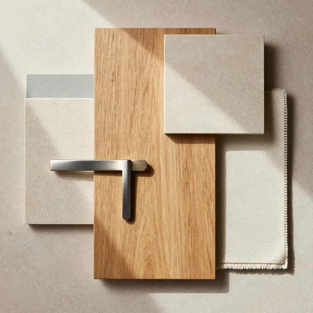 Overhead interior finish samples: oak veneer, stone tile, metal pull, boucle swatch on limestone.