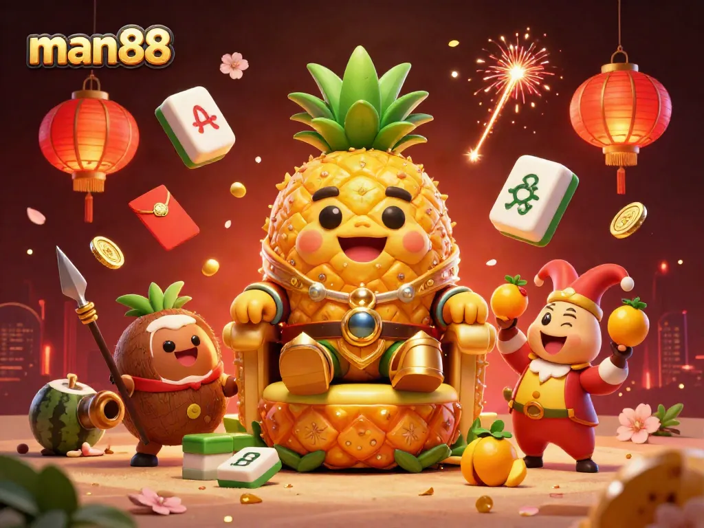 Experience thrilling gaming at man88 with a vibrant 3D scene featuring a golden pineapple king and dynamic casino elements.