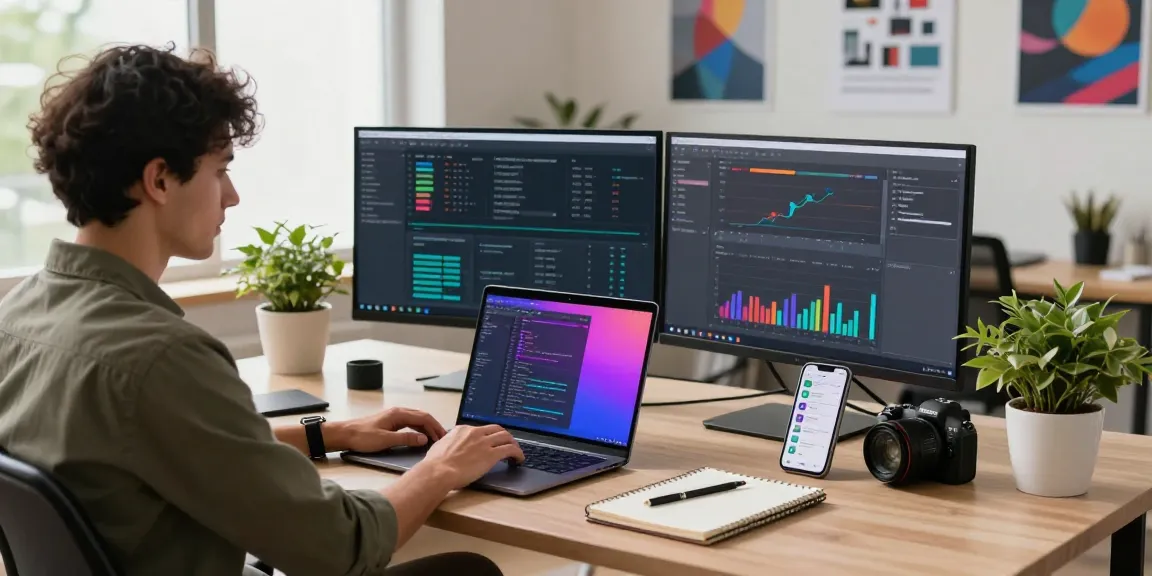 Developer coding at a stylish desk with dual monitors in a vibrant office, showcasing the WPS Official Website.