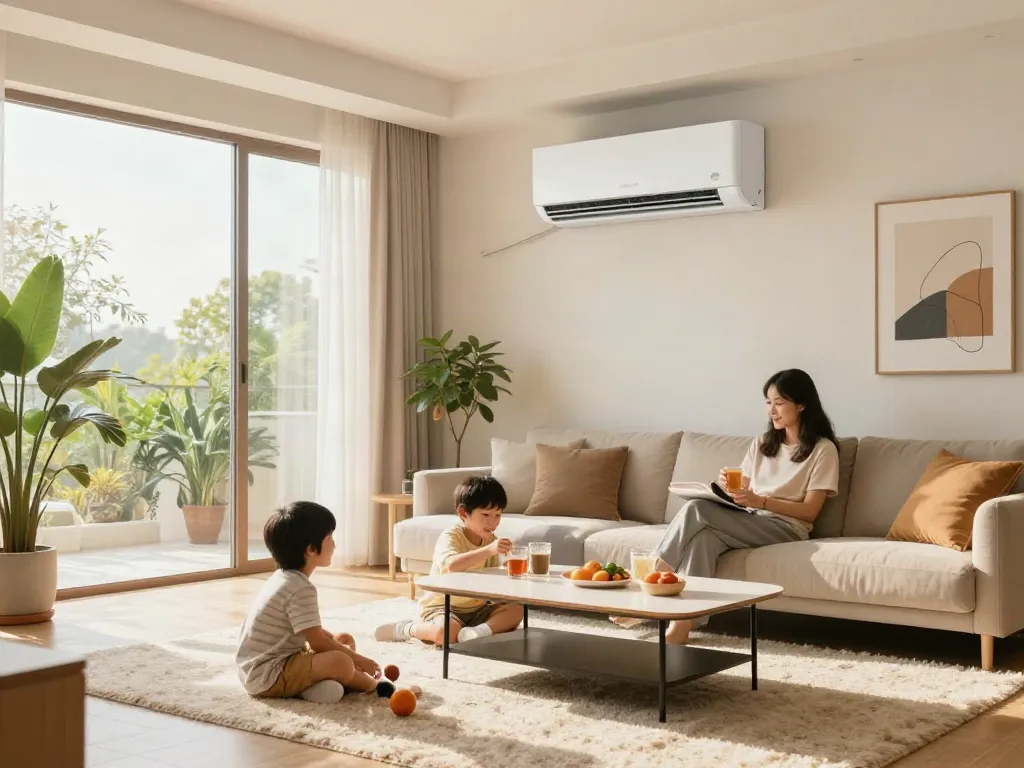 Ductless air conditioner in a modern living room, showcasing a family enjoying a comfortable atmosphere with stylish decor.