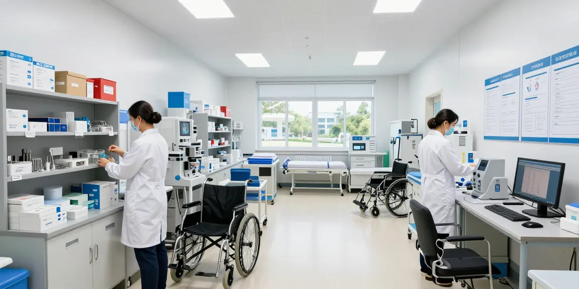 Medical equipment suppliers organizing diverse medical supplies in a bright healthcare supply room