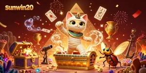 Experience the vibrant world of sunwin20 featuring an Egyptian mummy cat and a scarab beetle in a dynamic casino scene.