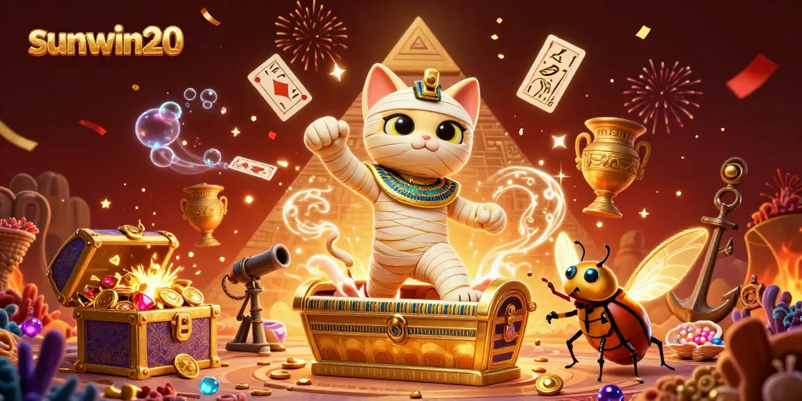 Experience the vibrant world of sunwin20 featuring an Egyptian mummy cat and a scarab beetle in a dynamic casino scene.