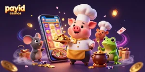Engage in thrilling payid casinos with an illustration of animated characters and gaming elements.