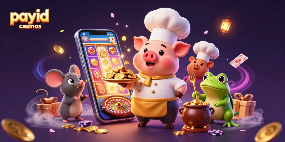 Engage in thrilling payid casinos with an illustration of animated characters and gaming elements.