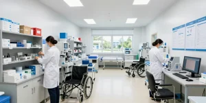 Medical equipment suppliers organizing diverse medical supplies in a bright healthcare supply room